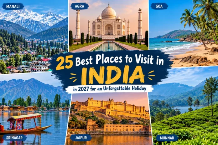 25 best places to visit in India in 2027 featuring Manali, Taj Mahal in Agra, Goa beaches, Srinagar, Jaipur Fort and Munnar tea plantations.