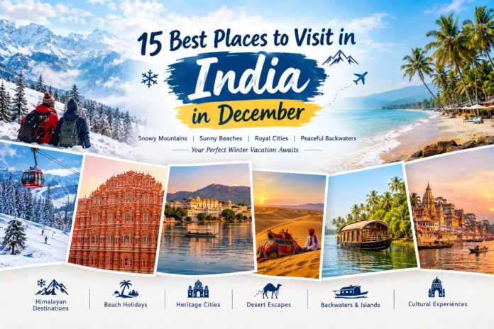 15 best places to visit in India in December featuring snowy Himalayan mountains, sunny beaches, Jaipur's Hawa Mahal, Udaipur's lakes, Rajasthan's desert dunes, Kerala's backwaters and Varanasi's riverside temples.