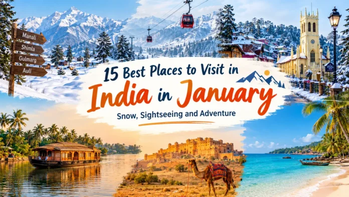 15 best places to visit in India in January, featuring snowy Himalayan mountains, Manali, Shimla, a Kerala houseboat, Rajasthan's desert fort, and tropical beaches.