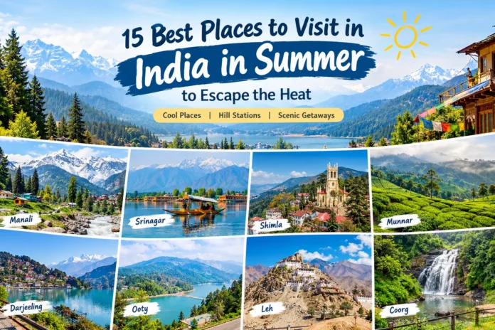 15 best places to visit in India in summer, featuring scenic views of Manali, Srinagar, Shimla, Munnar, Darjeeling, Ooty, Leh, and Coorg.